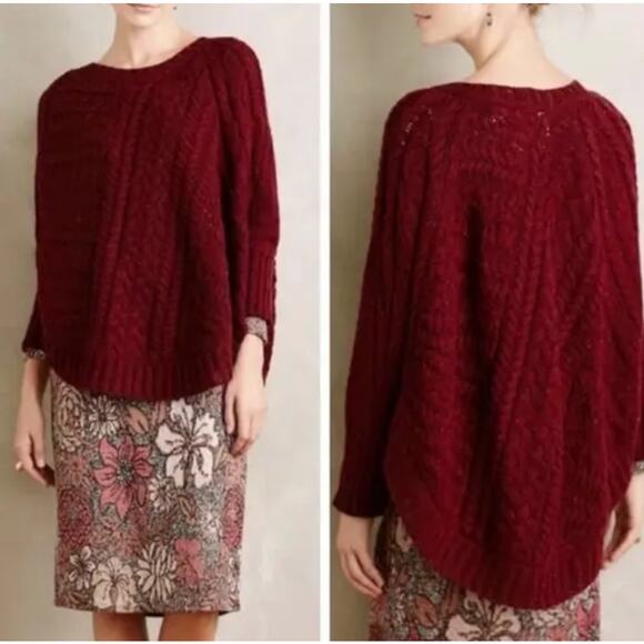 Anthro Angel of the North Burgundy Curved Cables Poncho Sweater XS Dolman Sleeve - Picture 1 of 10